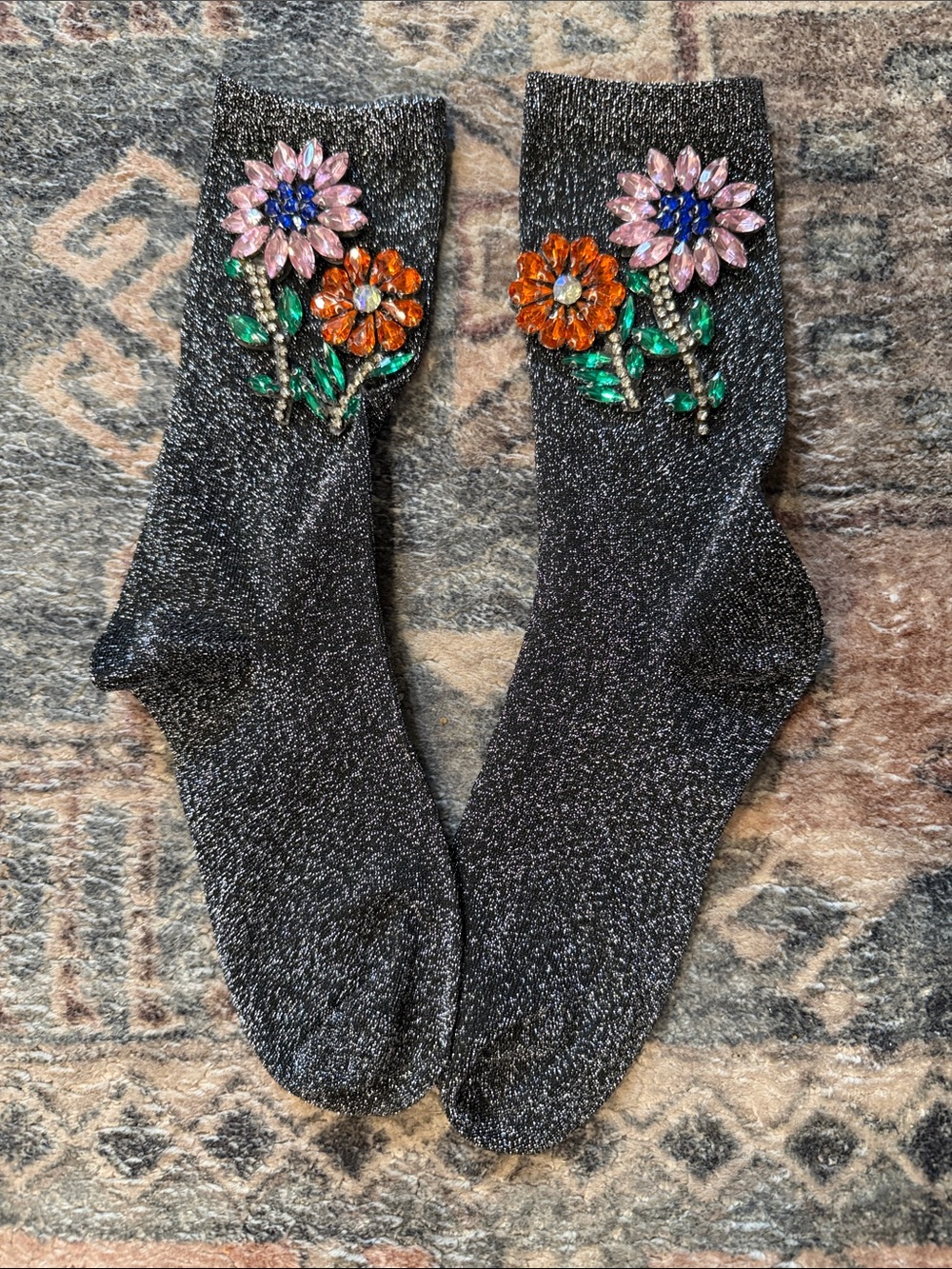 Embellished Black Sparkle Crew Socks with Floral Crystal Appliqué